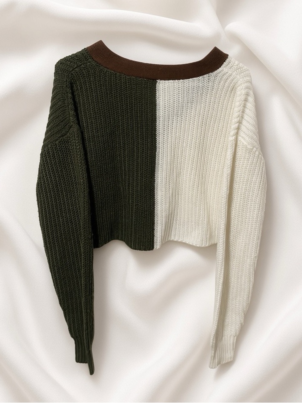 Derek Heart Colorblock Cropped Cardigan - White, Olive & Brown Trim - Picture 2 of 5
